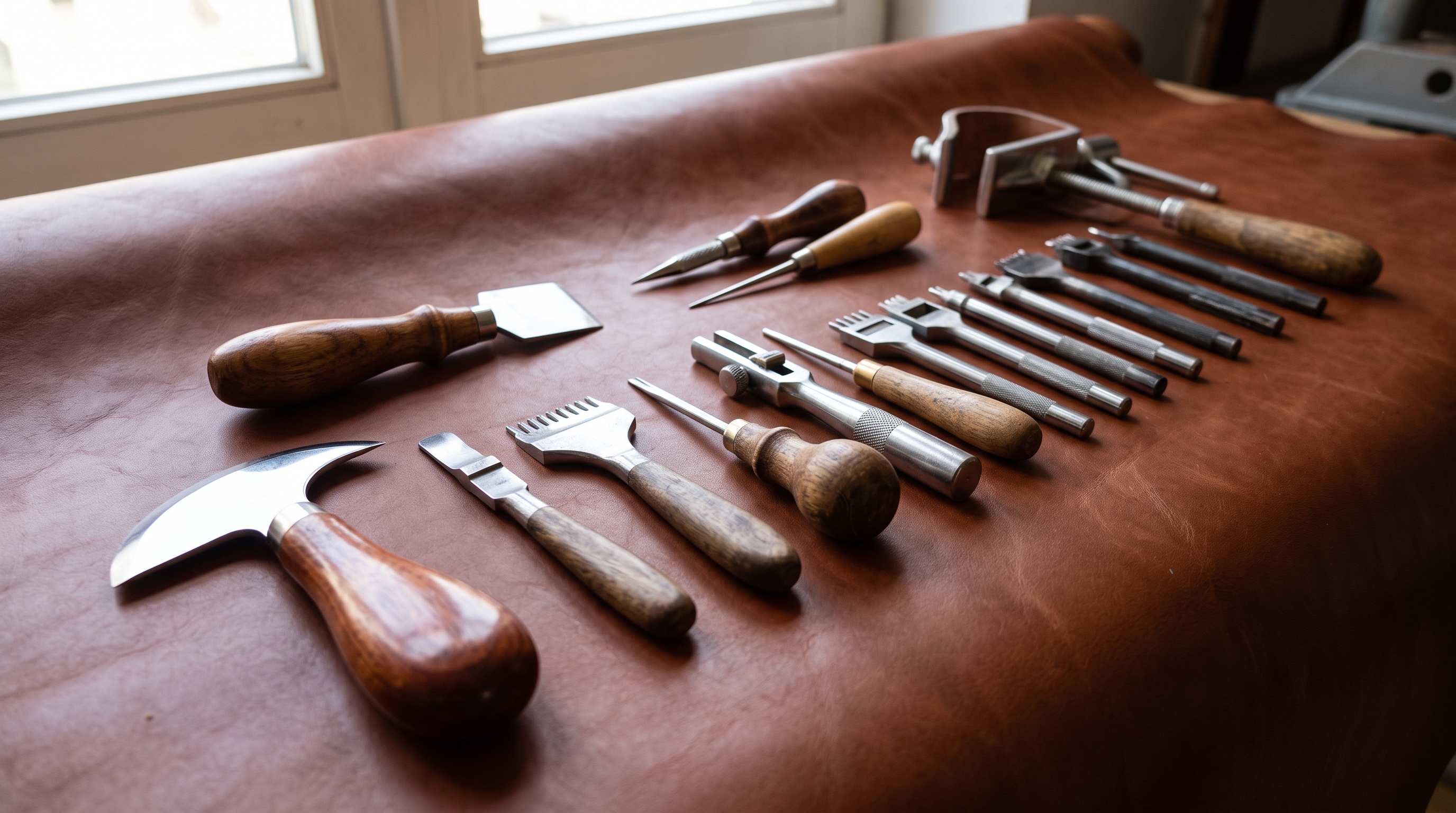 Leather branding preparation with hand tools and patterns
