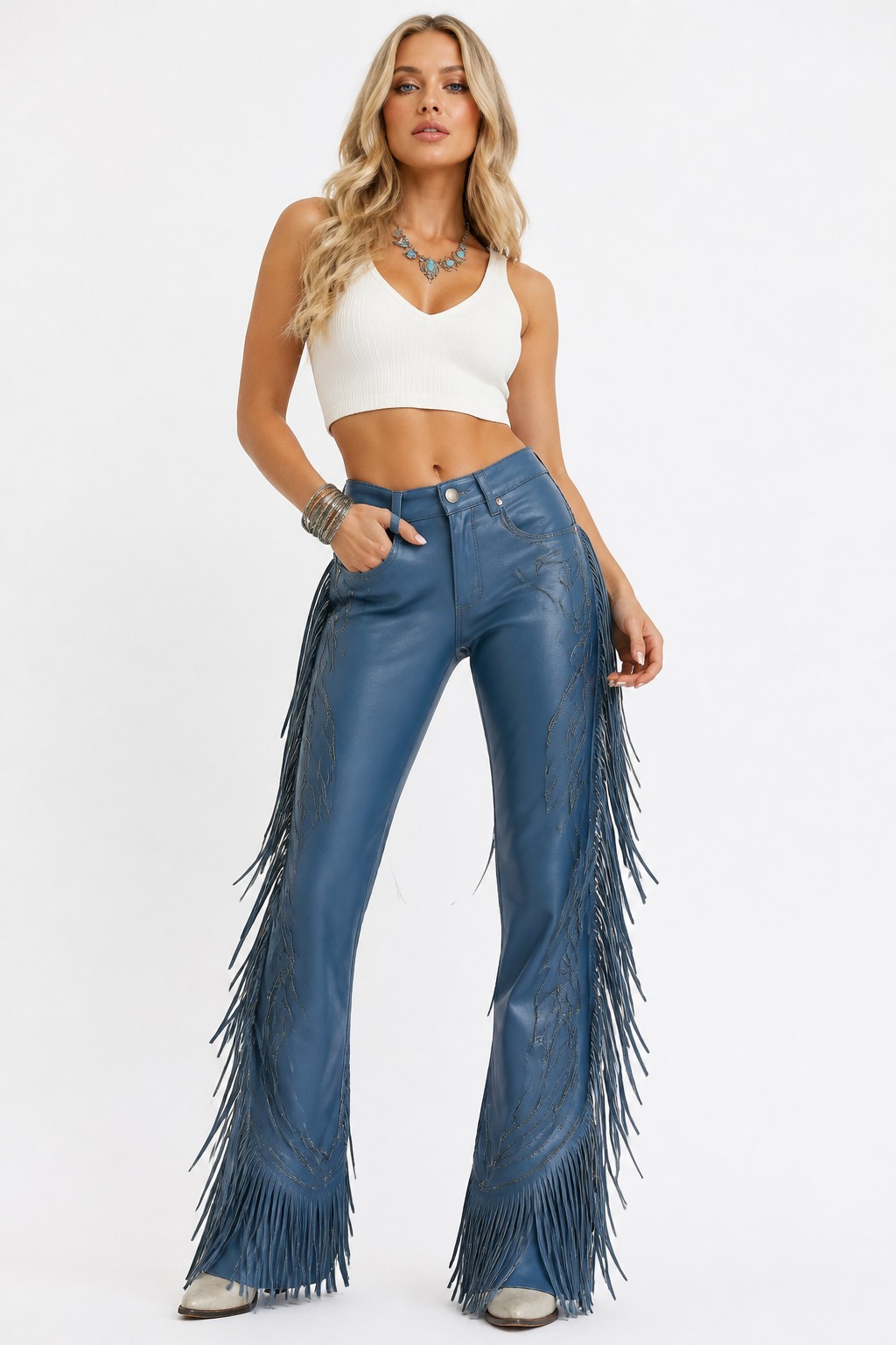 Western Fringe Leather Pants 02